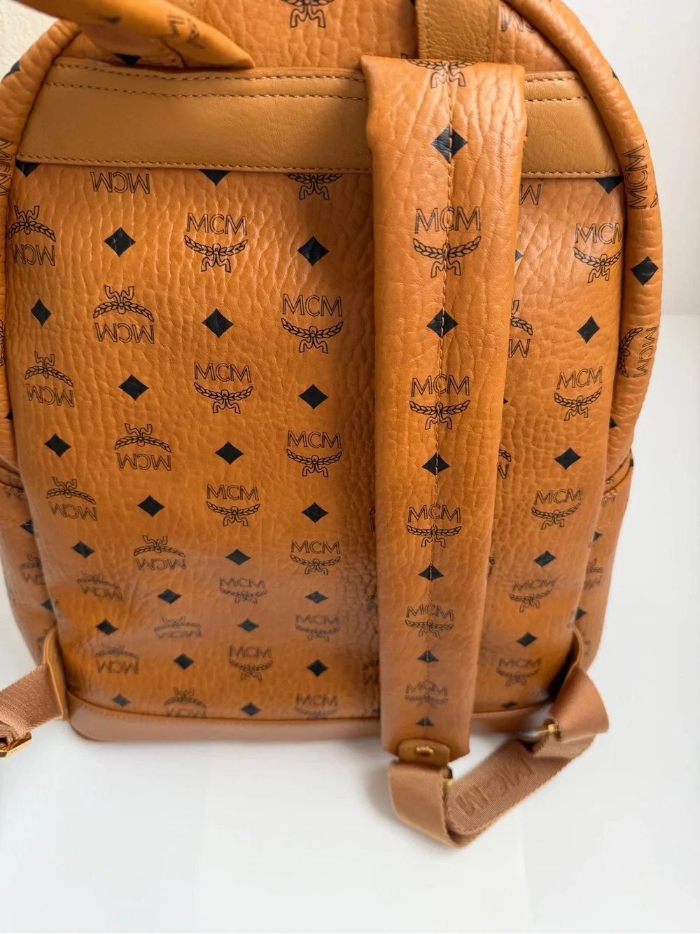 MCM 100% Authentic Stark Side Studs Backpack In Visetos Size Medium Cognac Color